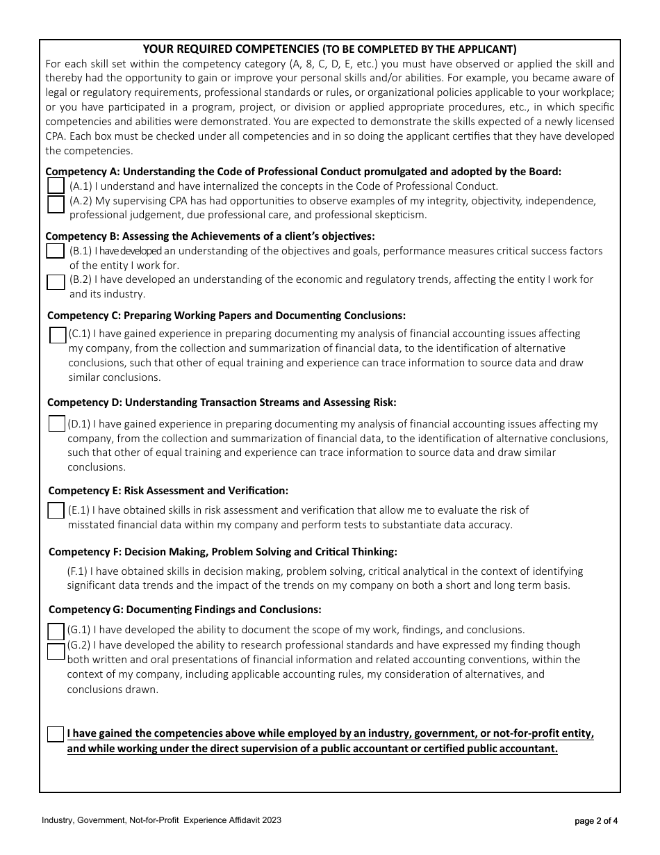 Industry, Government, Not-For-Profit Experience Affidavit - Oregon, Page 2