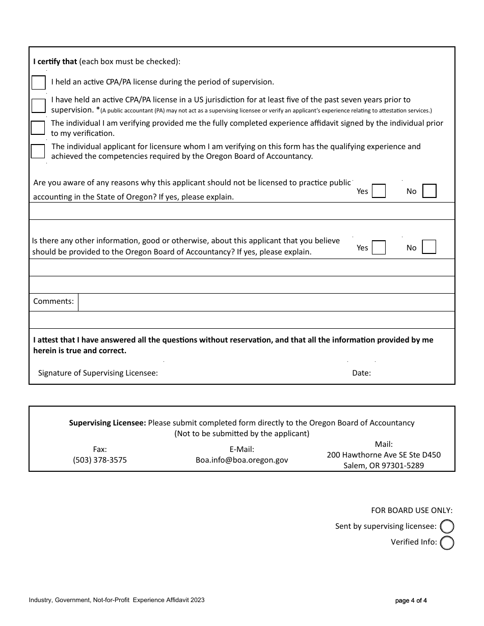 Industry, Government, Not-For-Profit Experience Affidavit - Oregon, Page 4