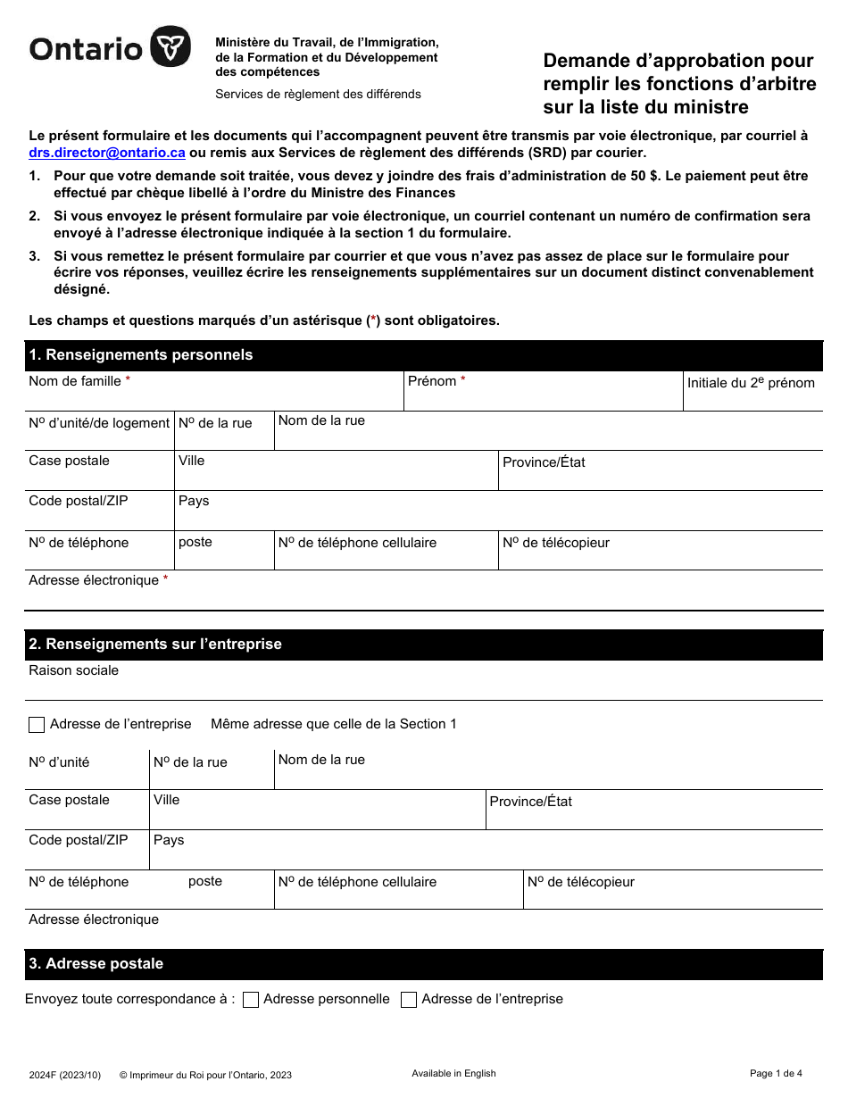 Forme 2024F Demande Dapprobation Pour Remplir Les Fonctions Darbitre Sur La Liste Du Ministre - Ontario, Canada (French), Page 1