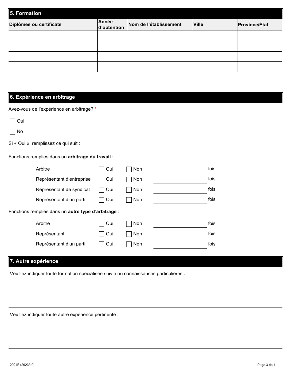 Forme 2024F Demande Dapprobation Pour Remplir Les Fonctions Darbitre Sur La Liste Du Ministre - Ontario, Canada (French), Page 3