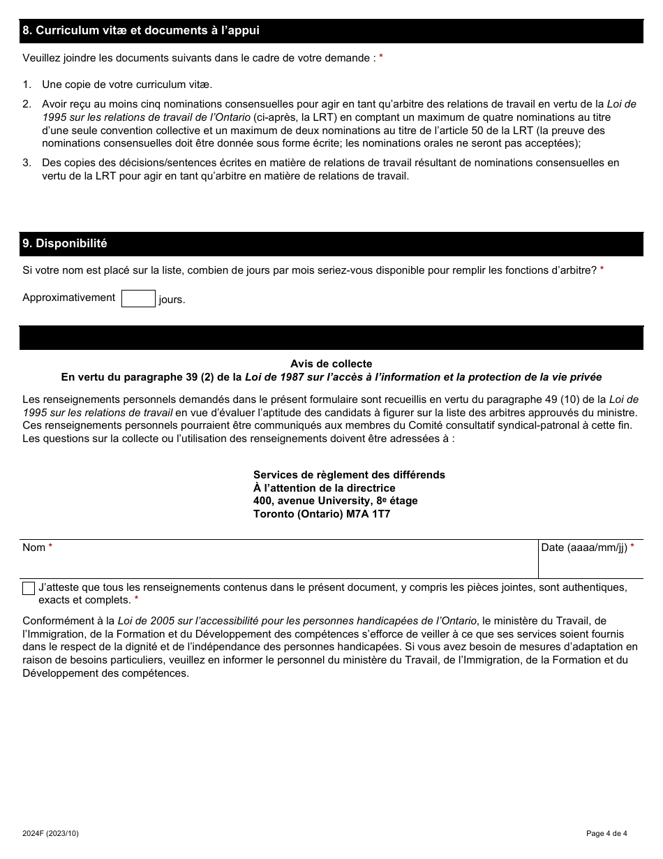 Forme 2024F Demande Dapprobation Pour Remplir Les Fonctions Darbitre Sur La Liste Du Ministre - Ontario, Canada (French), Page 4