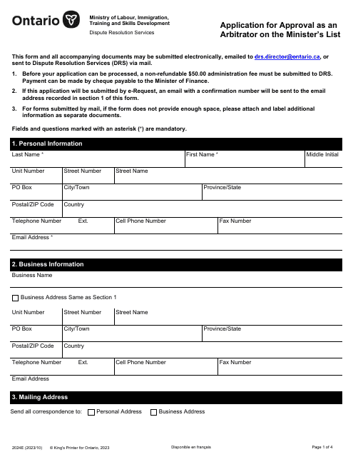 Form 2024E Application for Approval as an Arbitrator on the Minister's List - Ontario, Canada