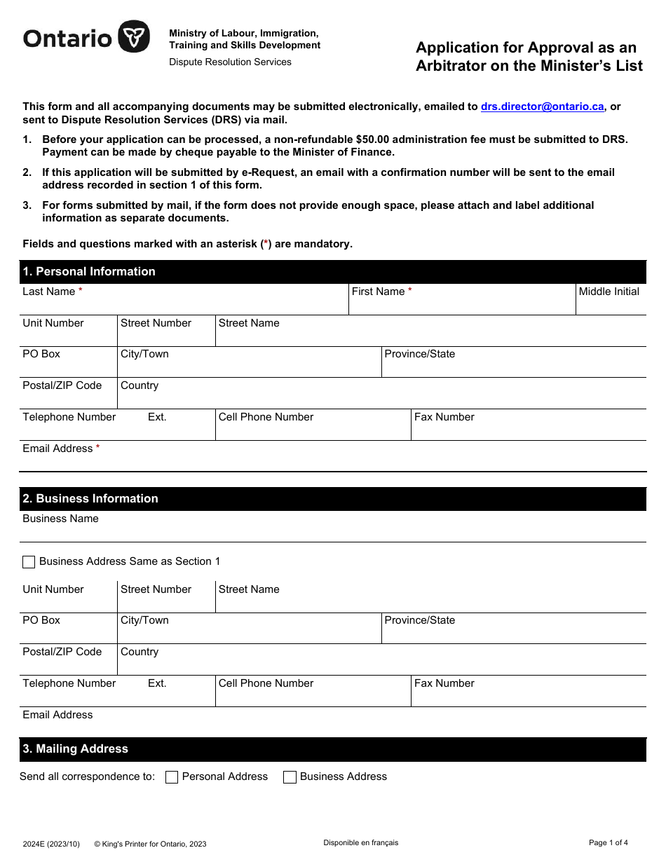 Form 2024E Application for Approval as an Arbitrator on the Ministers List - Ontario, Canada, Page 1
