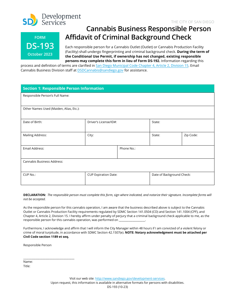 Form DS-193 Cannabis Business Responsible Person Affidavit of Criminal Background Check - City of San Diego, California, Page 1