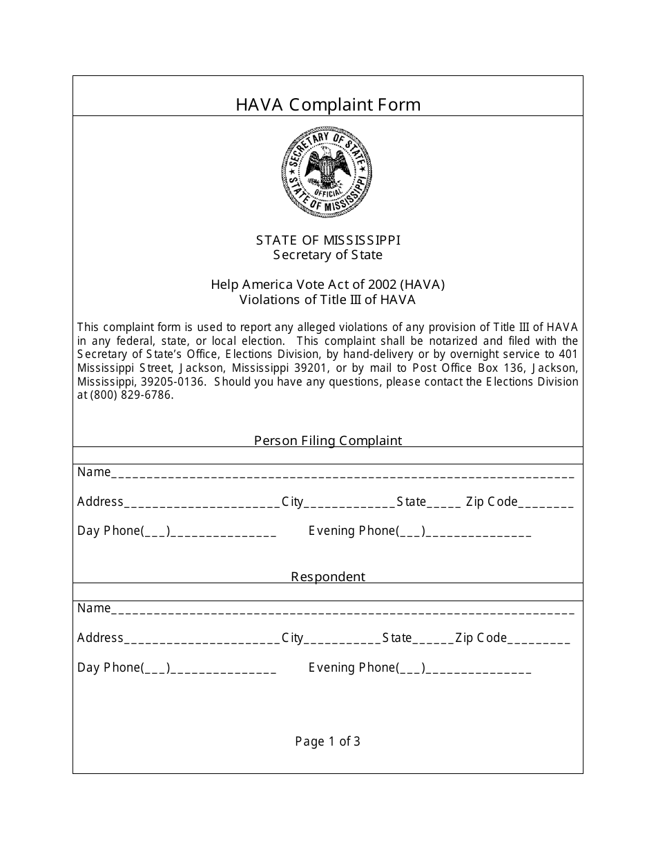 Hava Complaint Form - Mississippi, Page 1