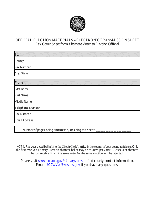 Fax Cover Sheet From Absentee Voter to Election Official - Mississippi Download Pdf
