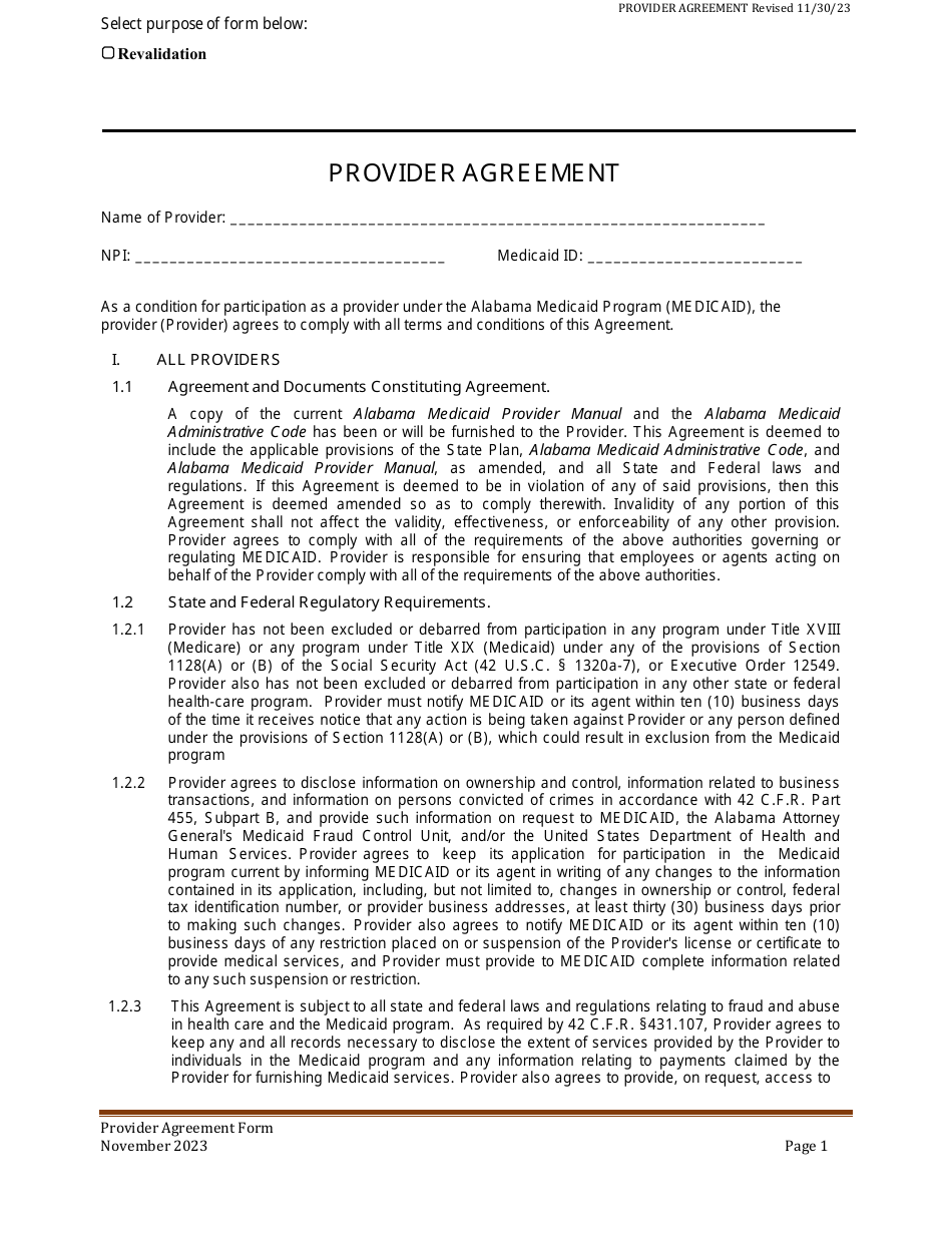 Provider Agreement - Alabama, Page 1