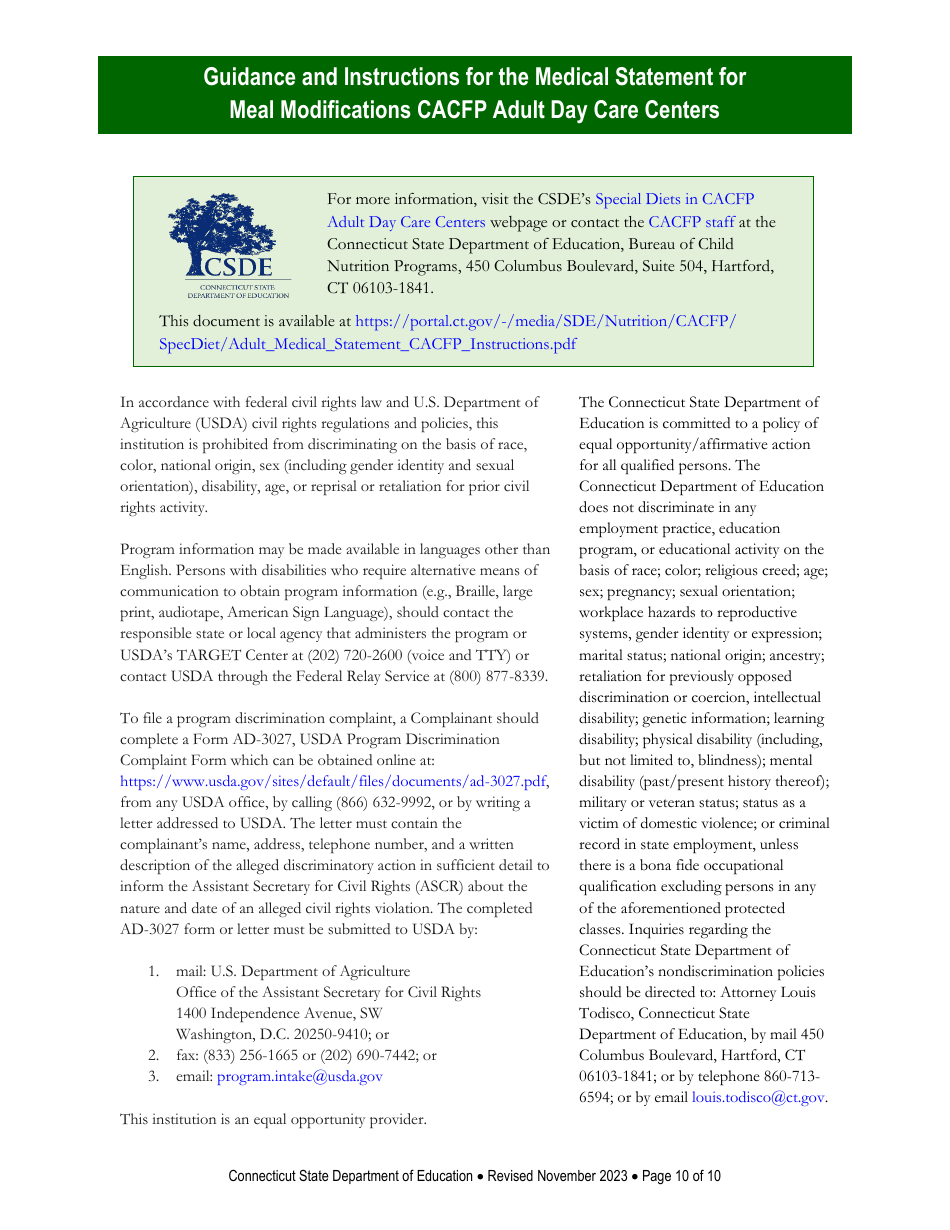 Instructions for Medical Statement for Meal Modifications in Child and Adult Care Food Program (CACFP) Adult Day Care Centers - Connecticut, Page 10