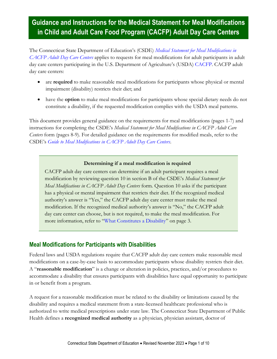 Instructions for Medical Statement for Meal Modifications in Child and Adult Care Food Program (CACFP) Adult Day Care Centers - Connecticut, Page 1