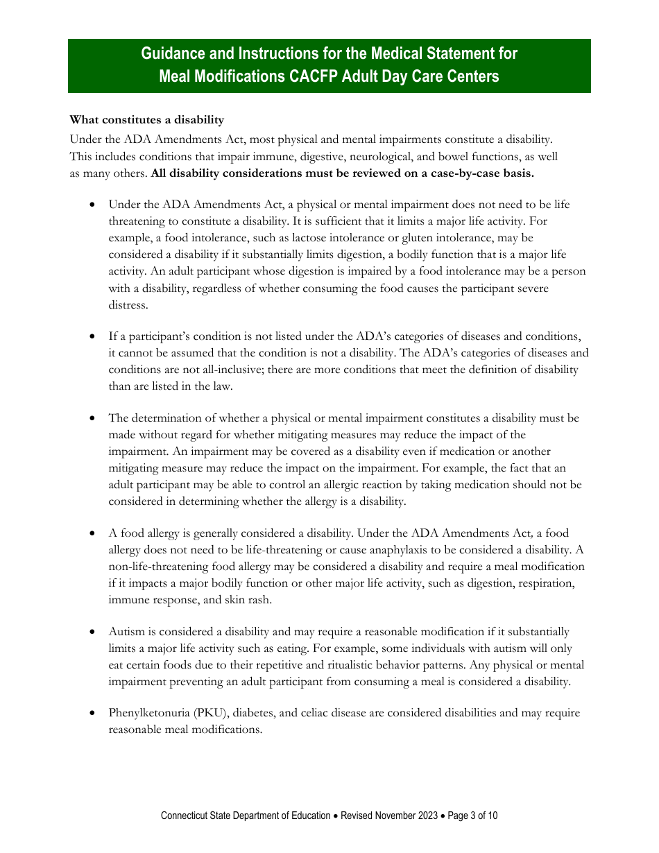 Instructions for Medical Statement for Meal Modifications in Child and Adult Care Food Program (CACFP) Adult Day Care Centers - Connecticut, Page 3