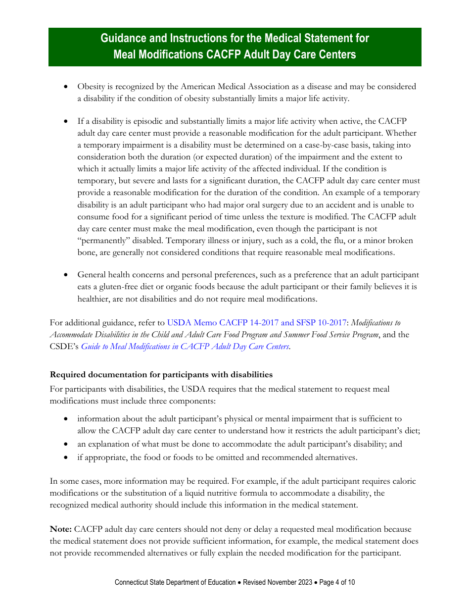 Instructions for Medical Statement for Meal Modifications in Child and Adult Care Food Program (CACFP) Adult Day Care Centers - Connecticut, Page 4