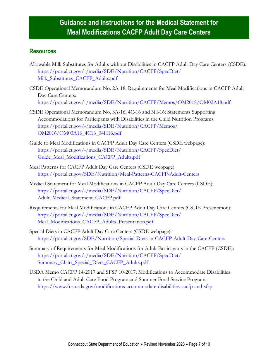 Instructions for Medical Statement for Meal Modifications in Child and Adult Care Food Program (CACFP) Adult Day Care Centers - Connecticut, Page 7