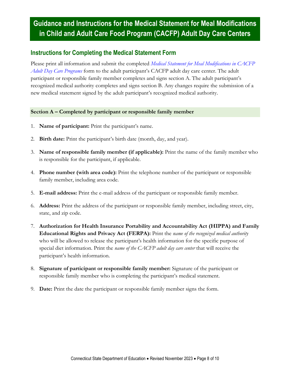 Instructions for Medical Statement for Meal Modifications in Child and Adult Care Food Program (CACFP) Adult Day Care Centers - Connecticut, Page 8