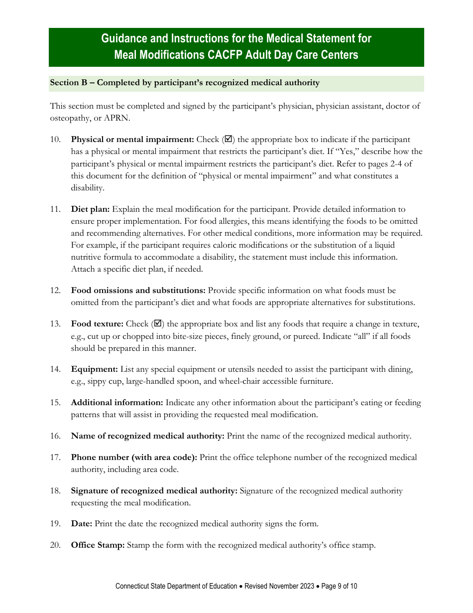 Instructions for Medical Statement for Meal Modifications in Child and Adult Care Food Program (CACFP) Adult Day Care Centers - Connecticut, Page 9