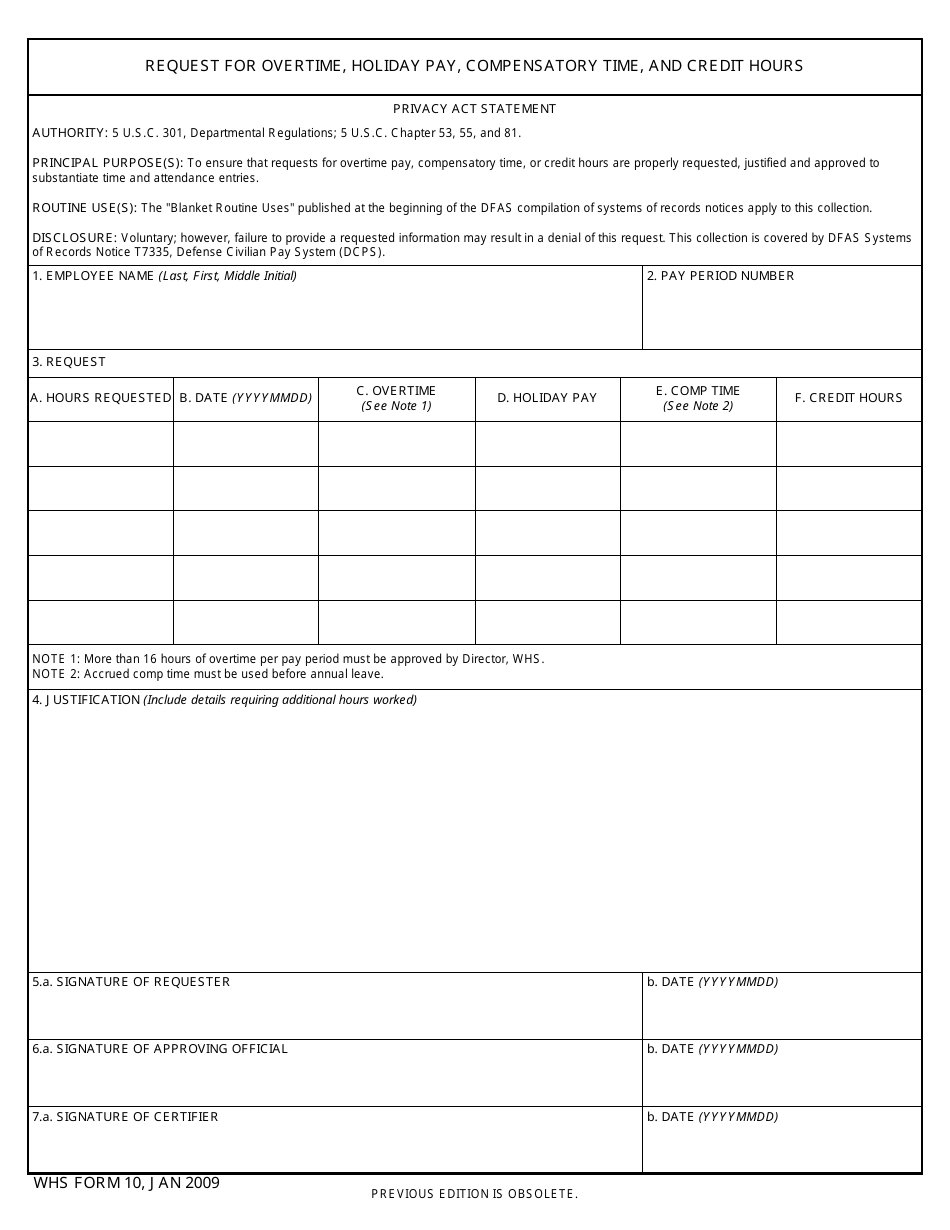 WHS Form 10 Request for Overtime, Holiday Pay, Compensatory Time, and Credit Hours, Page 1