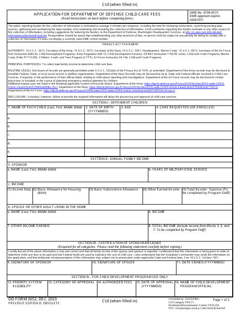 DD Form 2652 Application for Department of Defense Child Care Fees