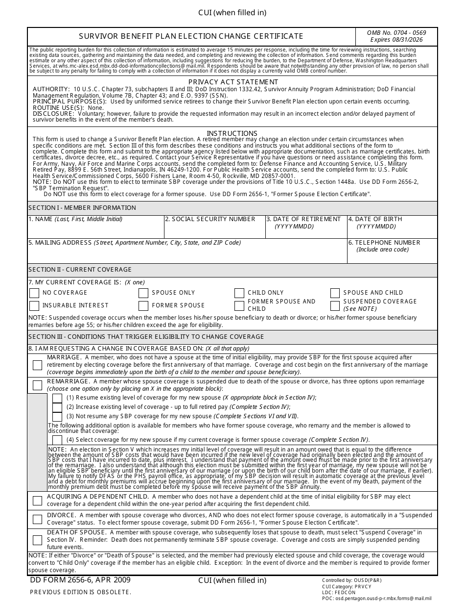 DD Form 2656-6 Survivor Benefit Plan Election Change Certificate, Page 1