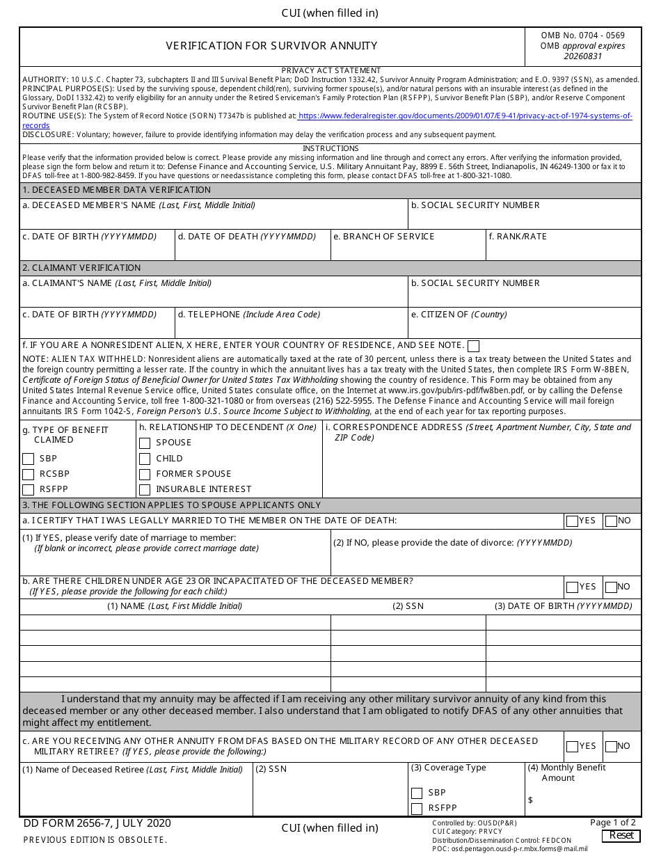 DD Form 2656-7 Download Fillable PDF or Fill Online Verification for ...