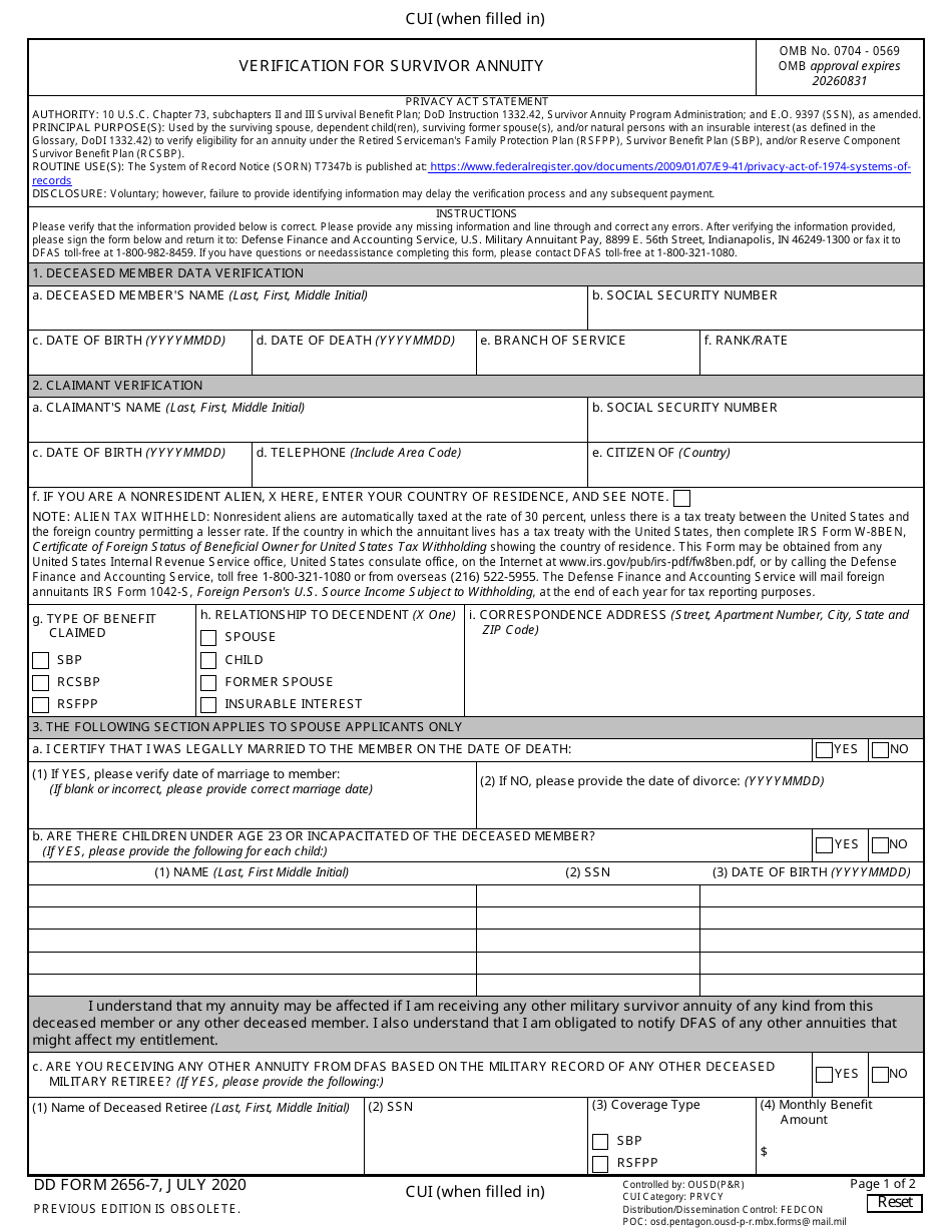 DD Form 2656-7 Verification for Survivor Annuity, Page 1