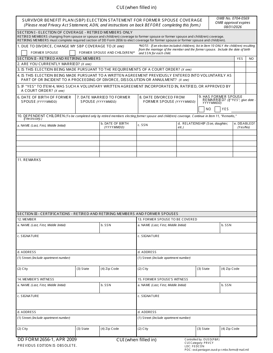 DD Form 2656-1 Survivor Benefit Plan (SBP) Election Statement for Former Spouse Coverage, Page 1