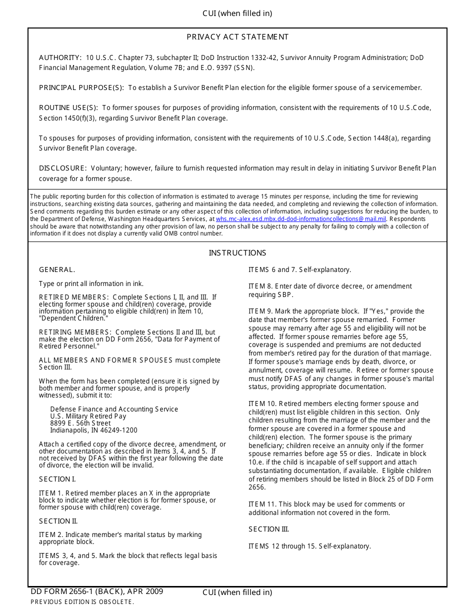 DD Form 2656-1 Survivor Benefit Plan (SBP) Election Statement for Former Spouse Coverage, Page 2