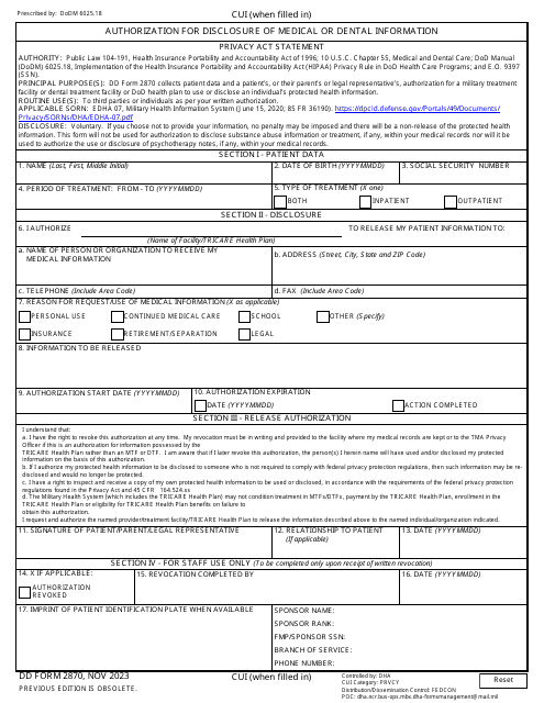 DD Form 2870 Authorization for Disclosure of Medical or Dental Information