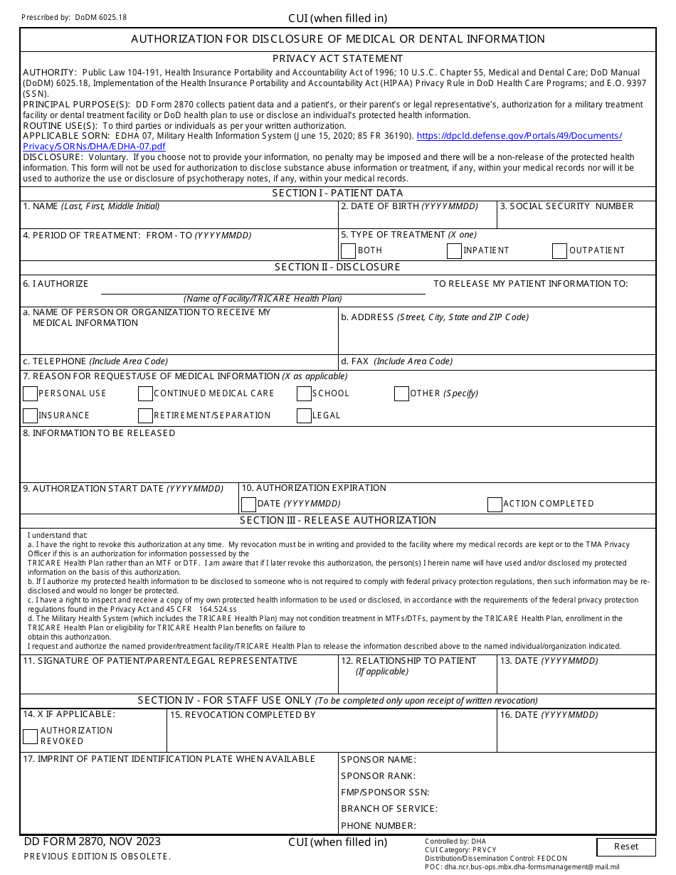 DD Form 2870 Authorization for Disclosure of Medical or Dental Information, Page 1