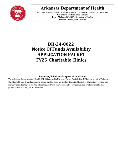 Form DH-24-0022 Notice of Funds Availability Application Packet - Charitable Clinics - Arkansas, 2025