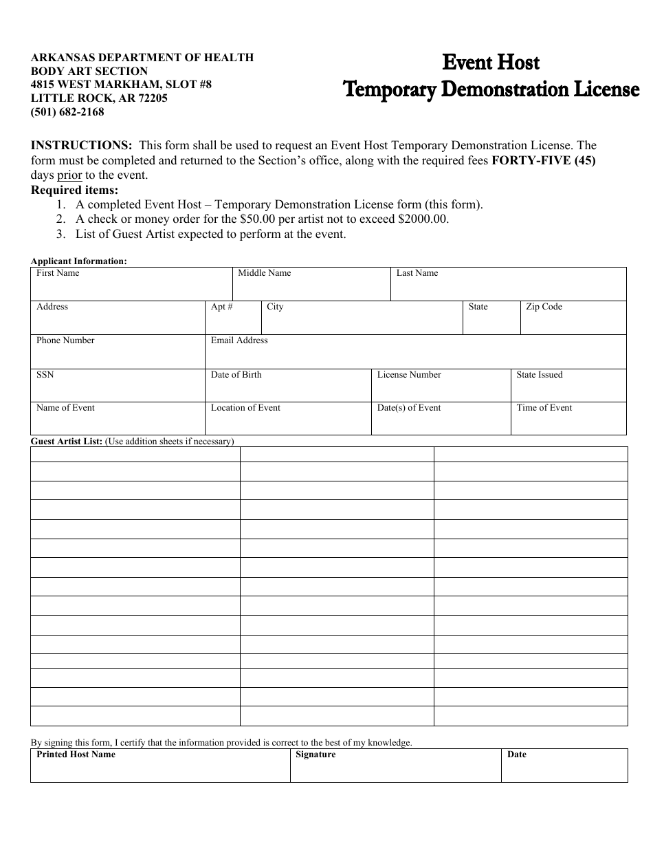 Event Host Temporary Demonstration License - Arkansas, Page 1