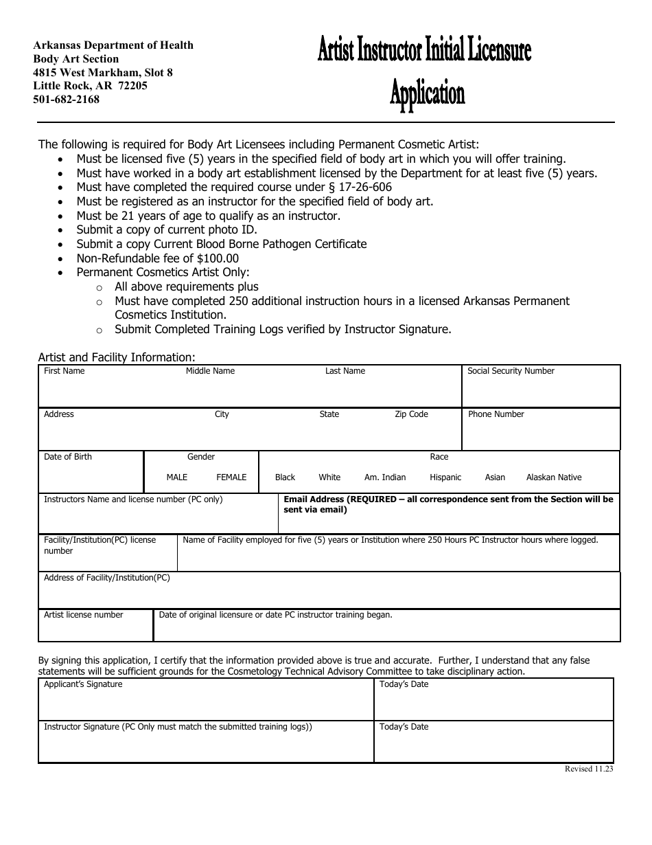 Artist Instructor Initial Licensure Application - Arkansas, Page 1