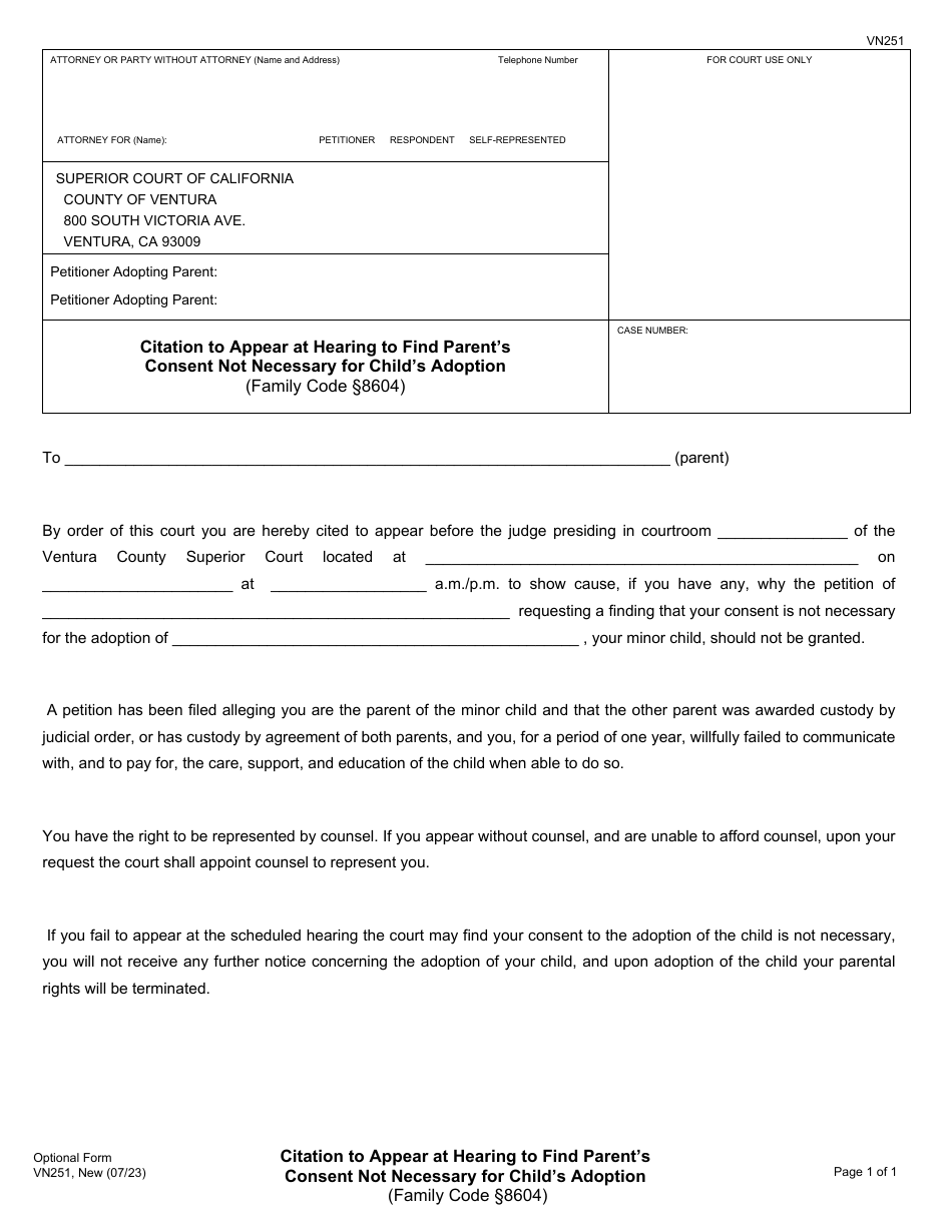 Form VN251 Citation to Appear at Hearing to Find Parents Consent Not Necessary for Childs Adoption - County of Ventura, California, Page 1