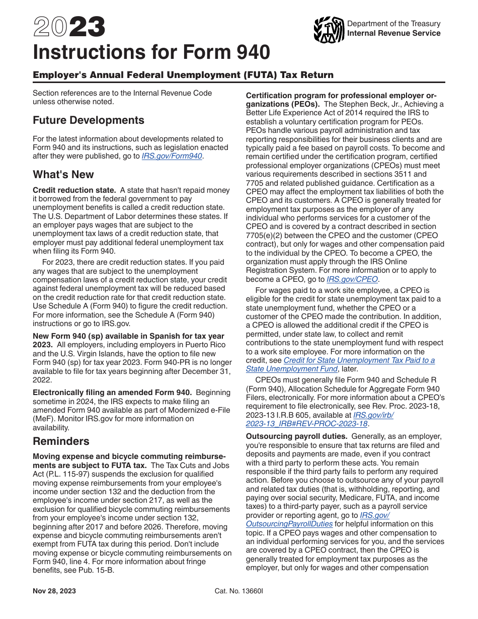 Download Instructions for IRS Form 940 Employer's Annual Federal