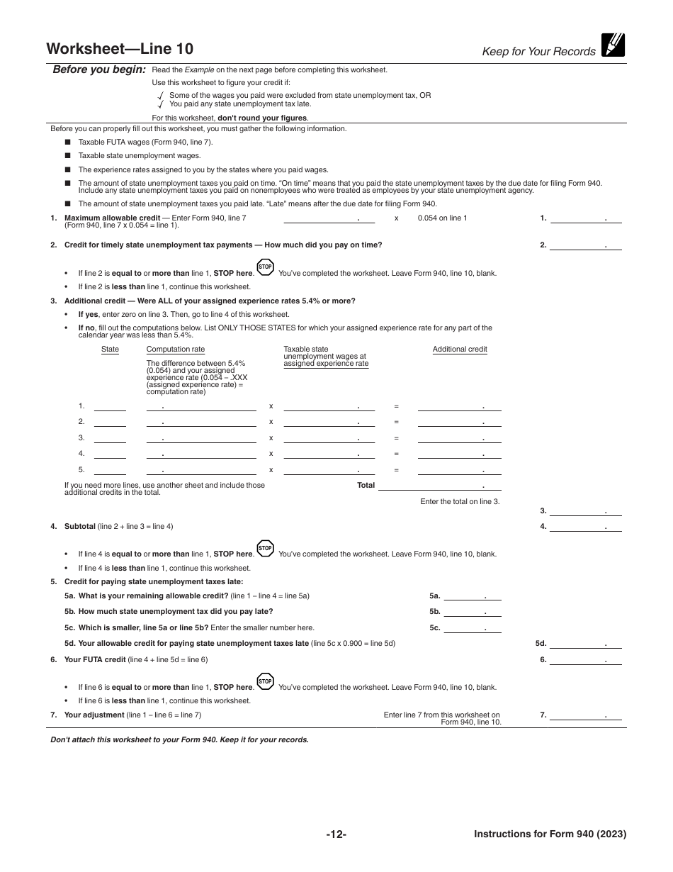 Download Instructions for IRS Form 940 Employer's Annual Federal