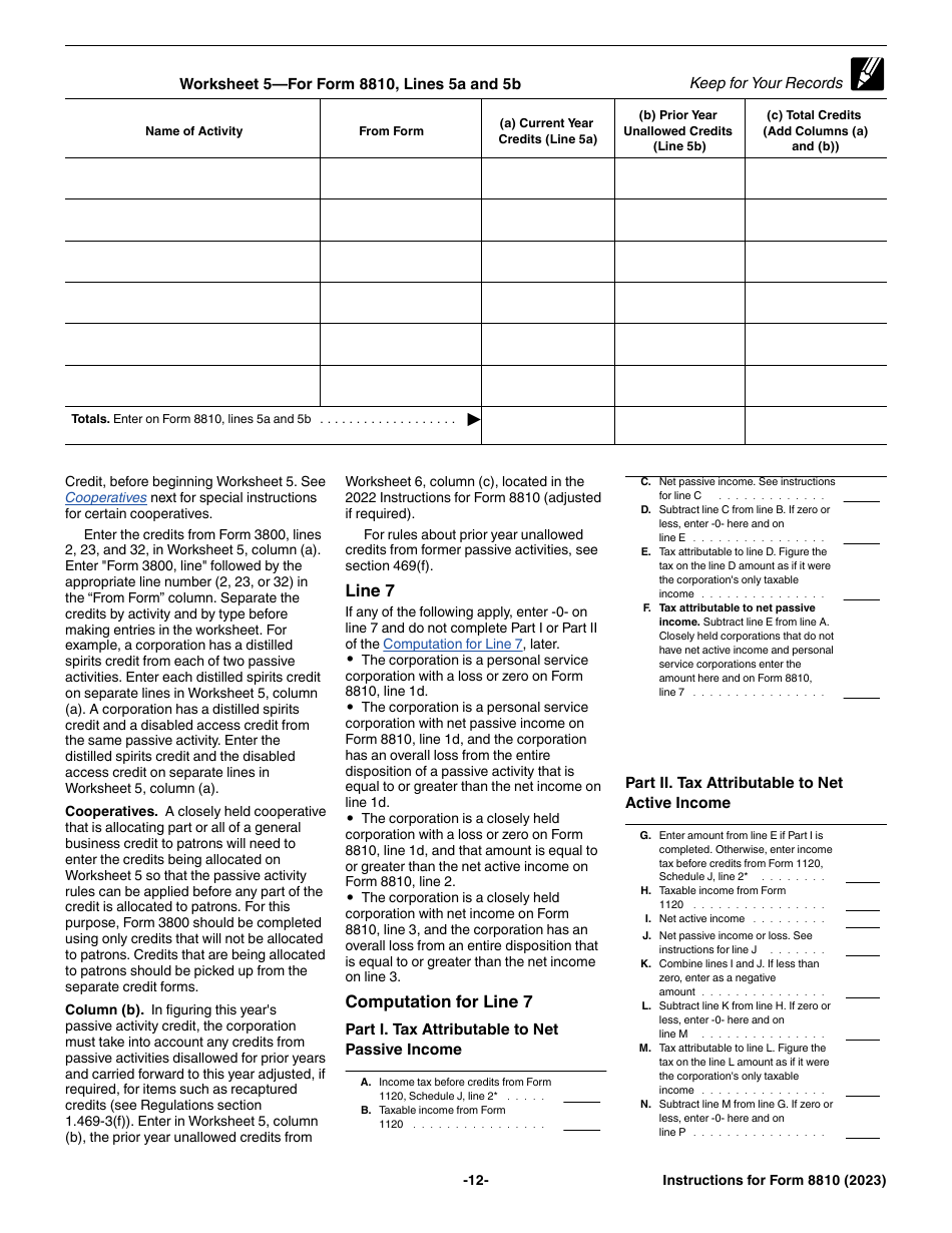 Instructions for IRS Form 8810 Corporate Passive Activity Loss and Credit Limitations, Page 12
