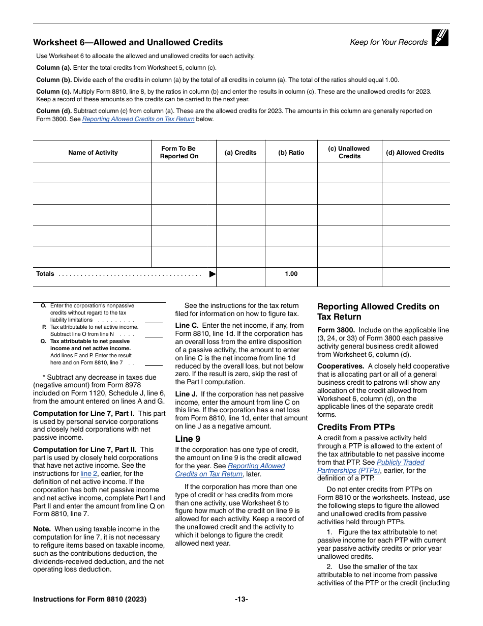Instructions for IRS Form 8810 Corporate Passive Activity Loss and Credit Limitations, Page 13