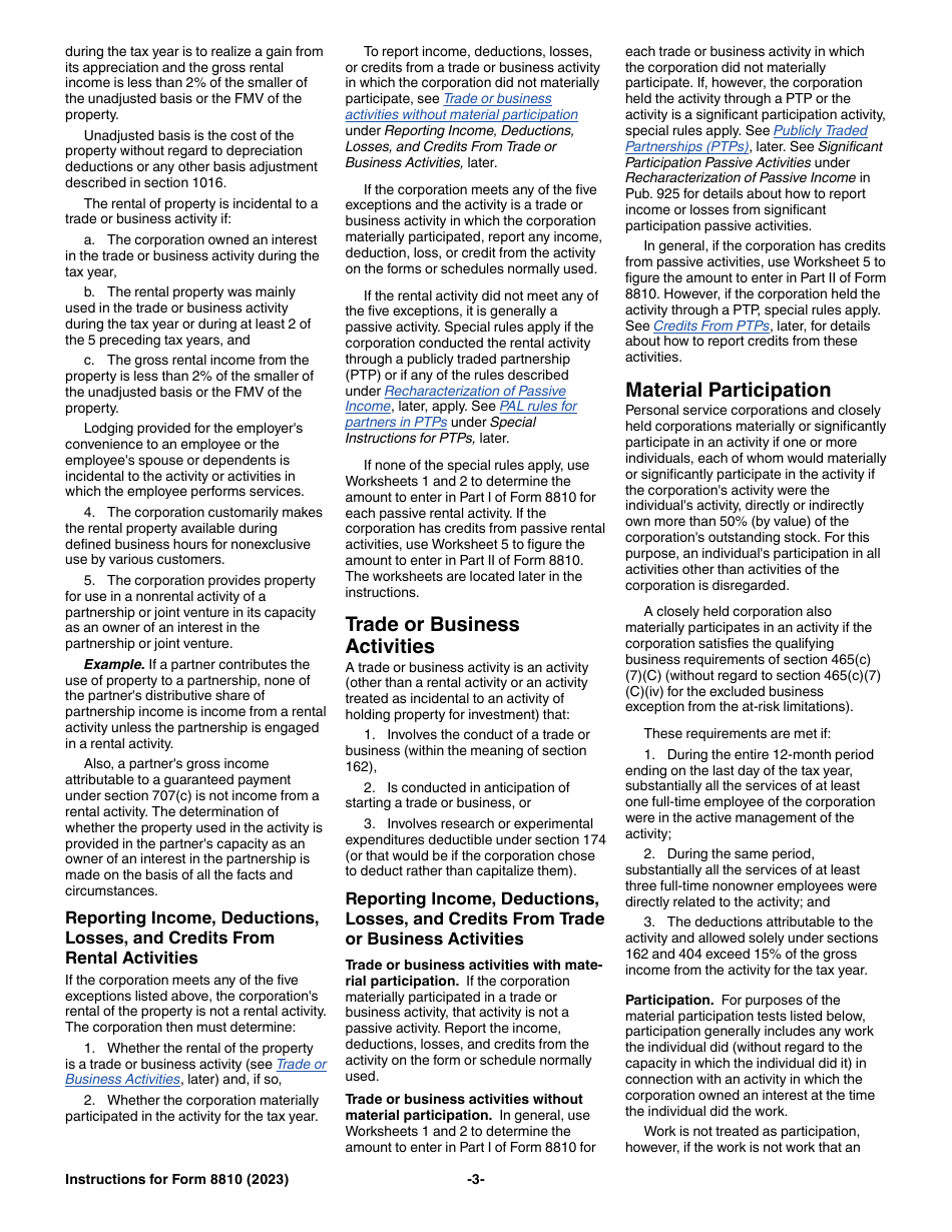 Instructions for IRS Form 8810 Corporate Passive Activity Loss and Credit Limitations, Page 3