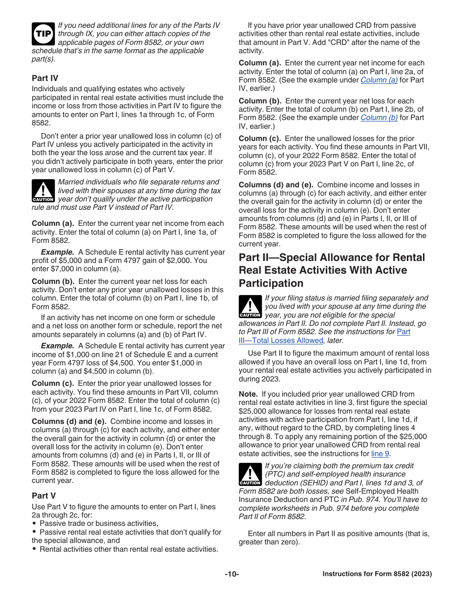 Instructions for IRS Form 8582 Passive Activity Loss Limitations, Page 10
