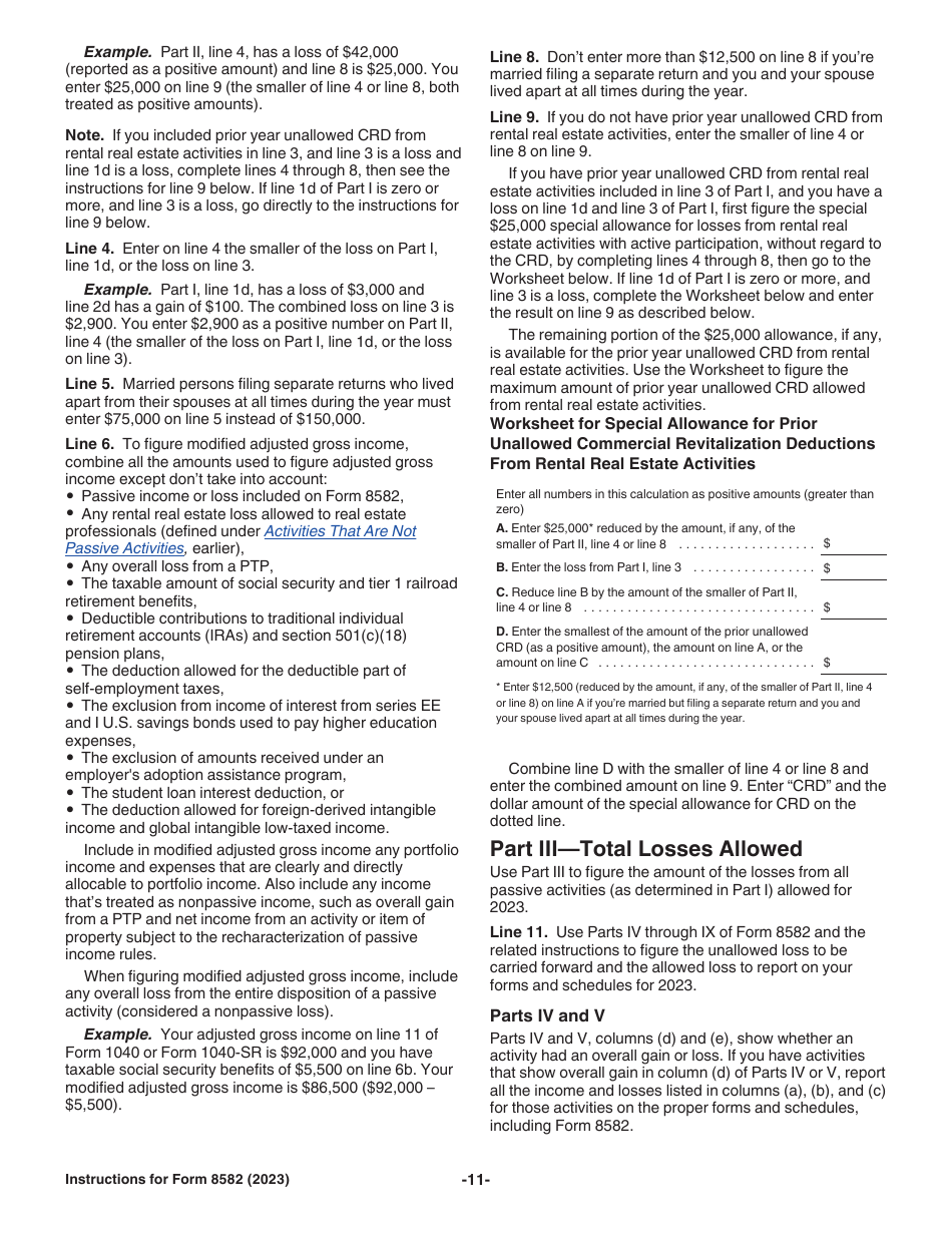 Download Instructions for IRS Form 8582 Passive Activity Loss