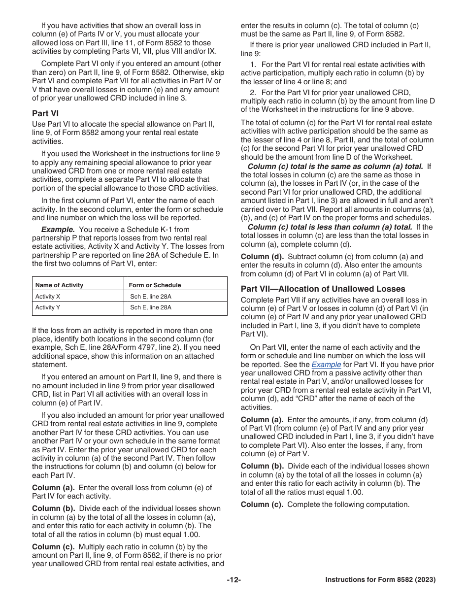 Instructions for IRS Form 8582 Passive Activity Loss Limitations, Page 12