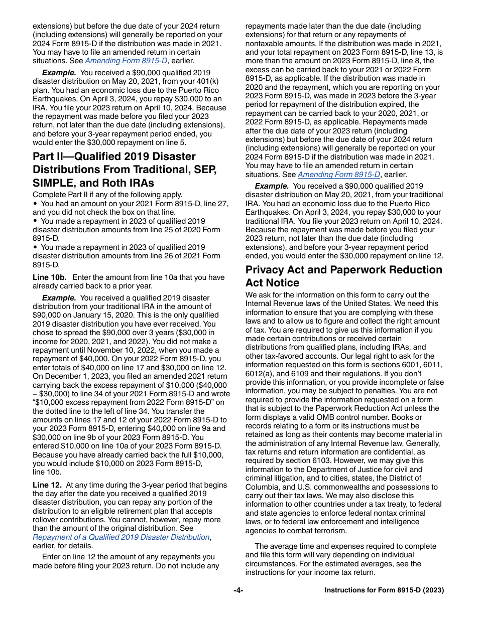 Instructions for IRS Form 8915-D Qualified 2019 Disaster Retirement Plan Distributions and Repayments, Page 4