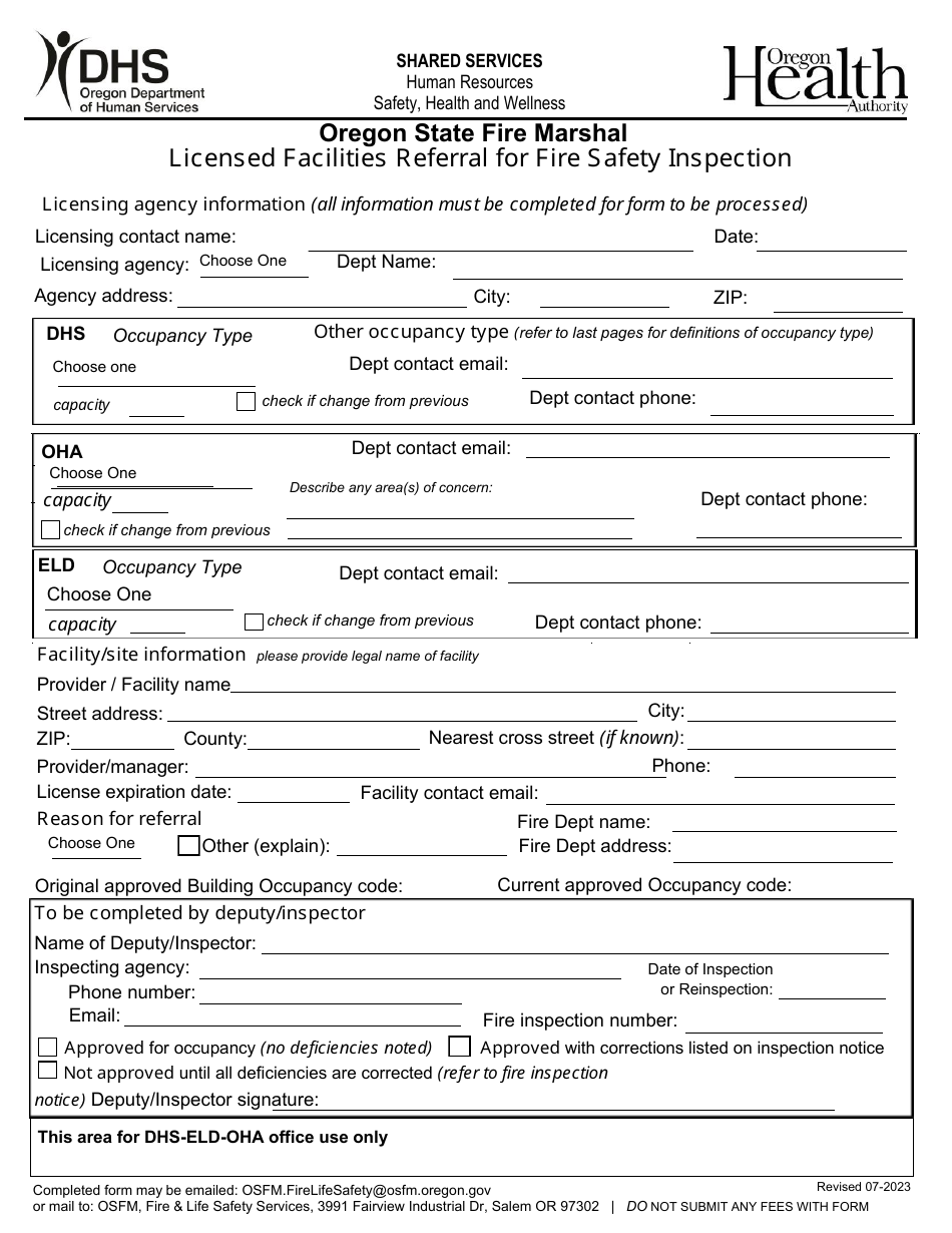 Licensed Facilities Referral for Fire Safety Inspection - Oregon, Page 1
