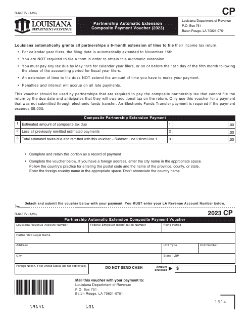 Form R-6467V Partnership Automatic Extension Composite Payment Voucher - Louisiana, 2023