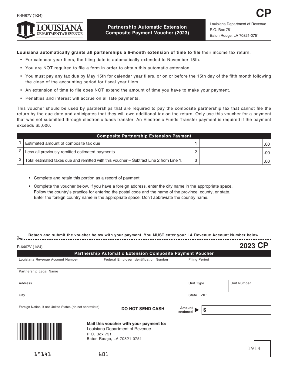 Form R-6467V Partnership Automatic Extension Composite Payment Voucher - Louisiana, Page 1
