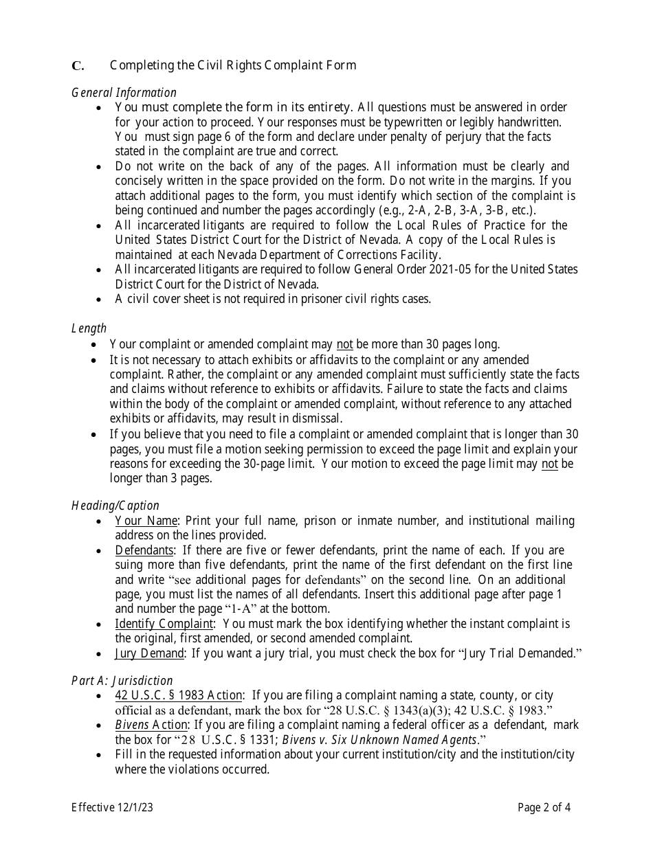 Civil Rights Complaint by an Incarcerated Individual - Nevada, Page 2