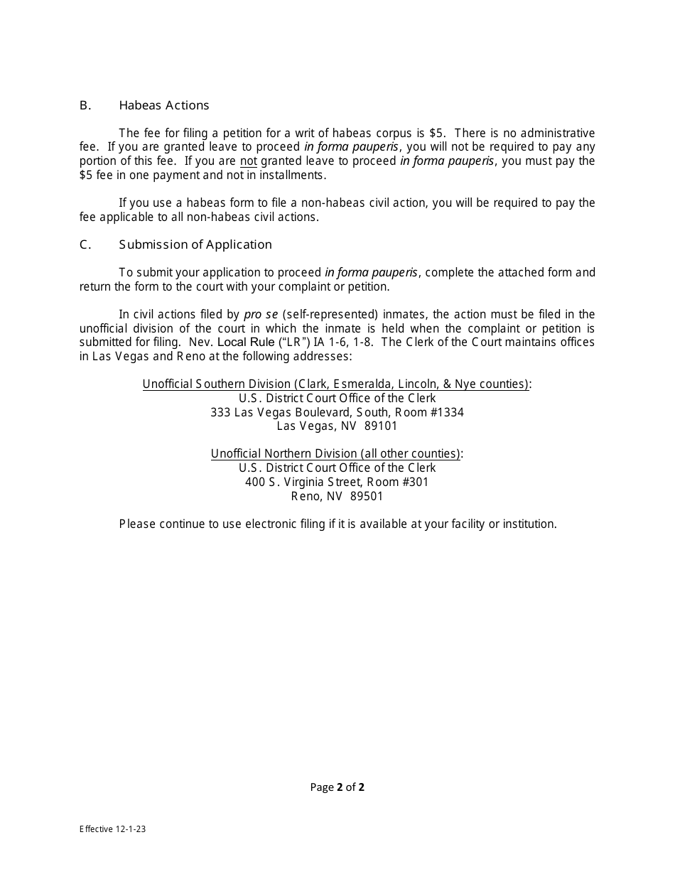 Nevada Application to Proceed in Forma Pauperis for Inmate - Fill Out ...