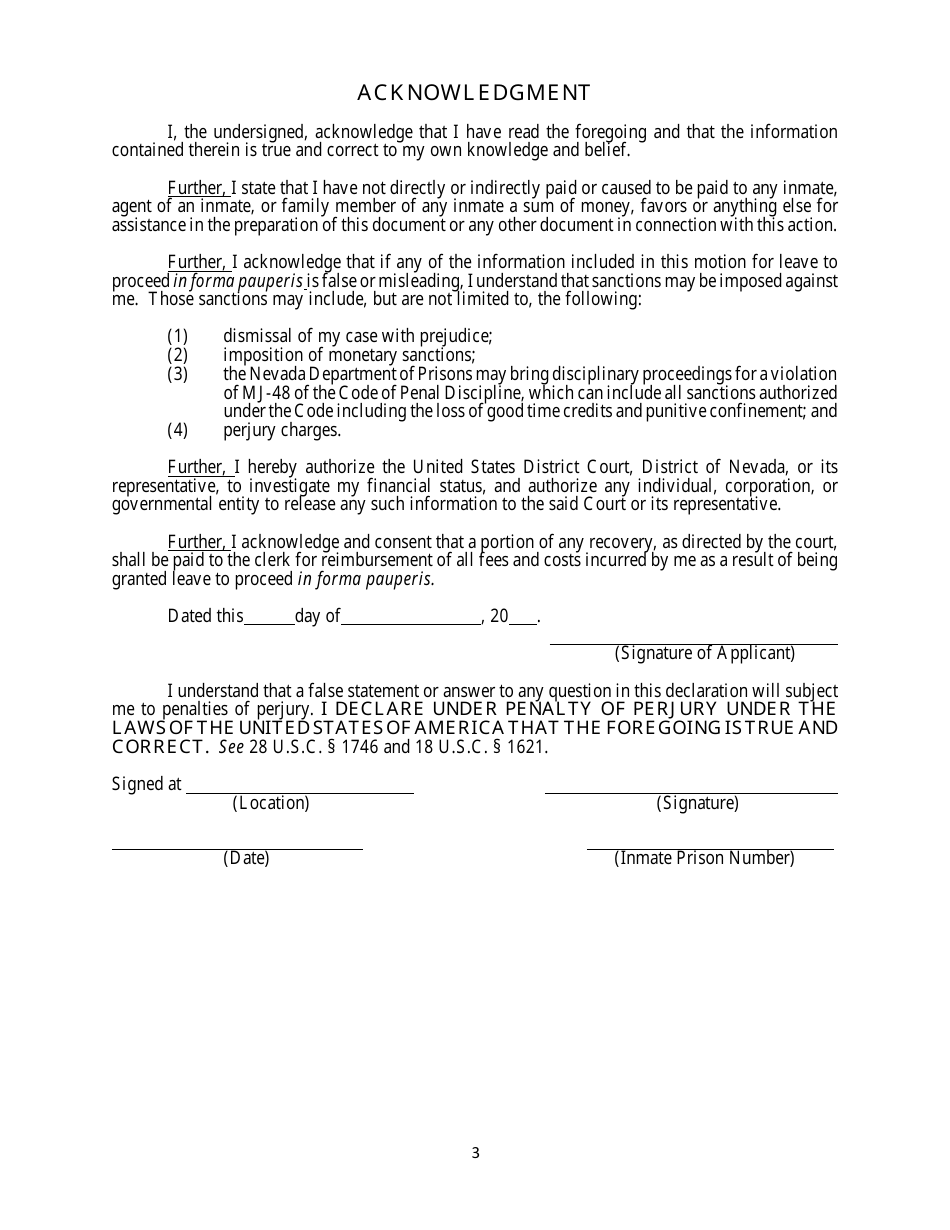 Nevada Application to Proceed in Forma Pauperis for Inmate - Fill Out ...