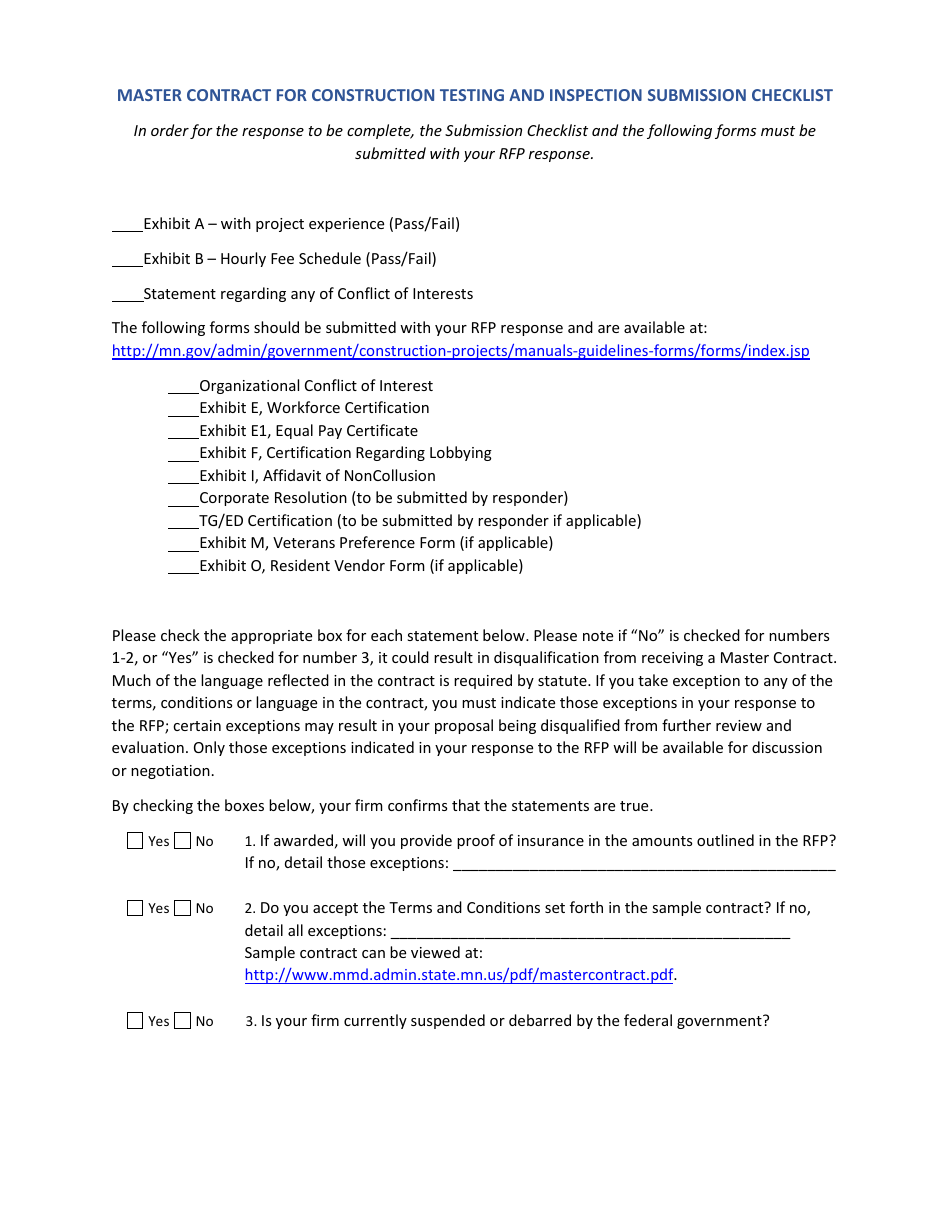 Master Contract for Construction Testing and Inspection Submission Checklist - Minnesota, Page 1