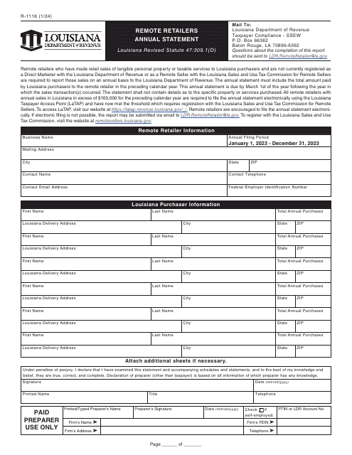 Form R-1116 Remote Retailers Annual Statement - Louisiana
