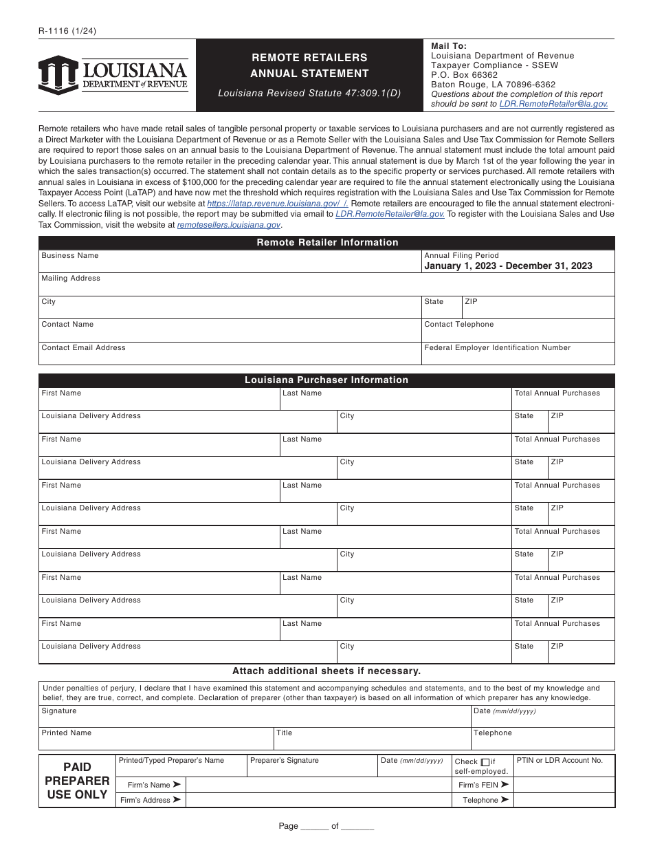Form R-1116 Remote Retailers Annual Statement - Louisiana, Page 1
