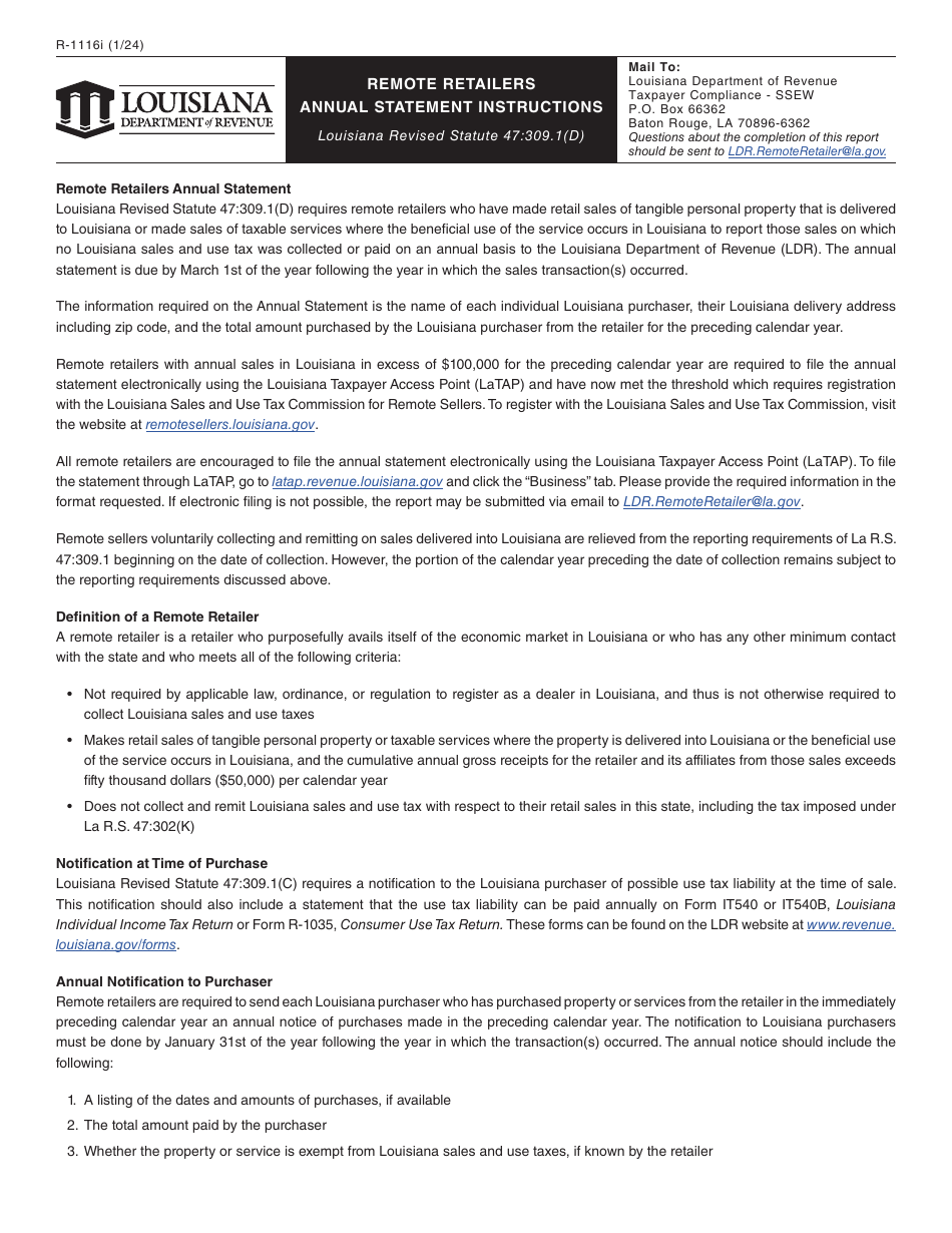 Form R-1116 Remote Retailers Annual Statement - Louisiana, Page 2